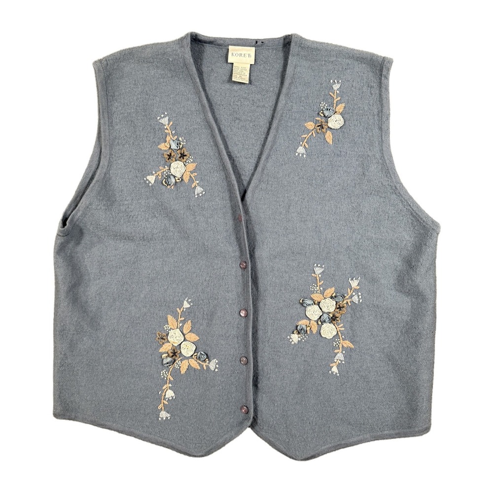 Koret Vintage Blue Gray 100% Wool Floral Embroidered Sweater Vest XL 1251728